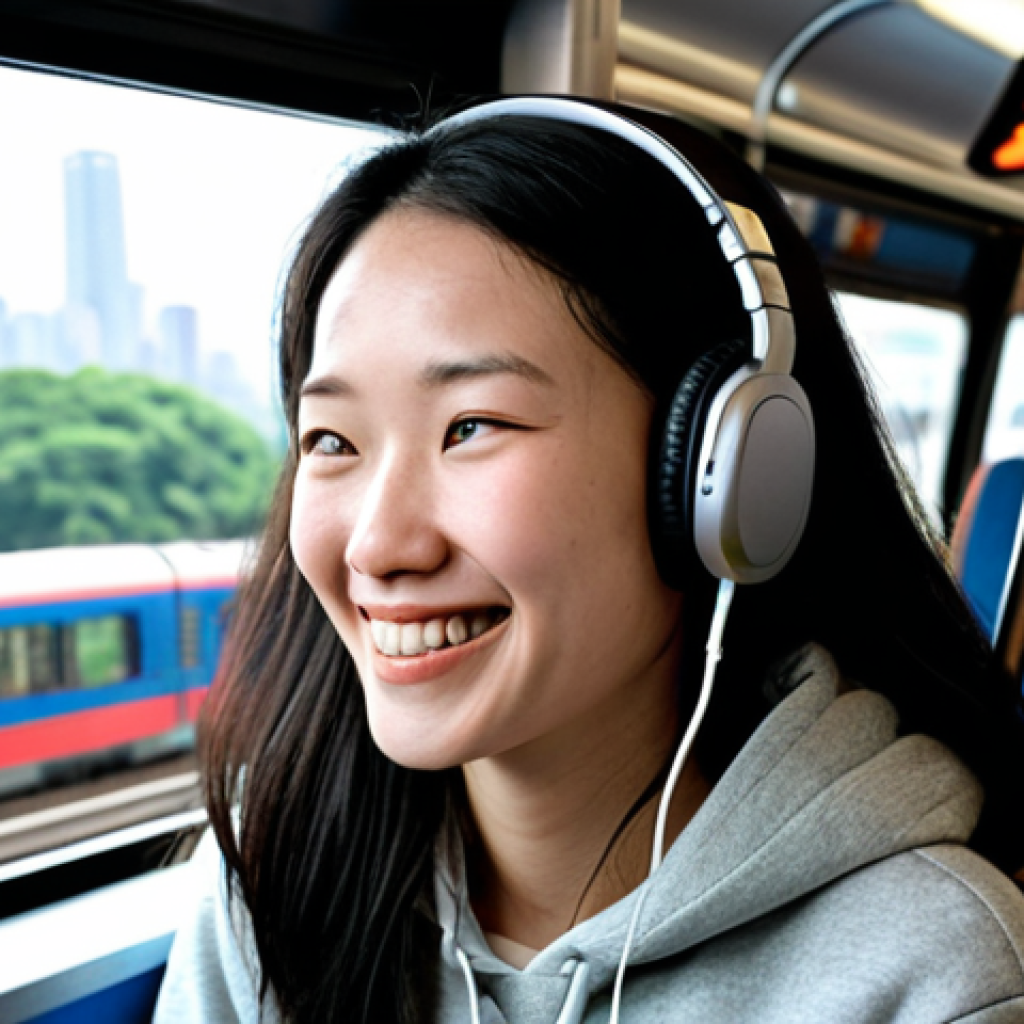 **
A person wearing headphones, smiling and looking relaxed, while commuting on a train. In the background, there are other passengers and a cityscape blurred through the train window. The scene conveys the idea of easily learning Chinese through podcasts during everyday activities. Focus on a clean, modern aesthetic.
**