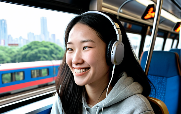 **

A person wearing headphones, smiling and looking relaxed, while commuting on a train. In the background, there are other passengers and a cityscape blurred through the train window. The scene conveys the idea of easily learning Chinese through podcasts during everyday activities. Focus on a clean, modern aesthetic.

**