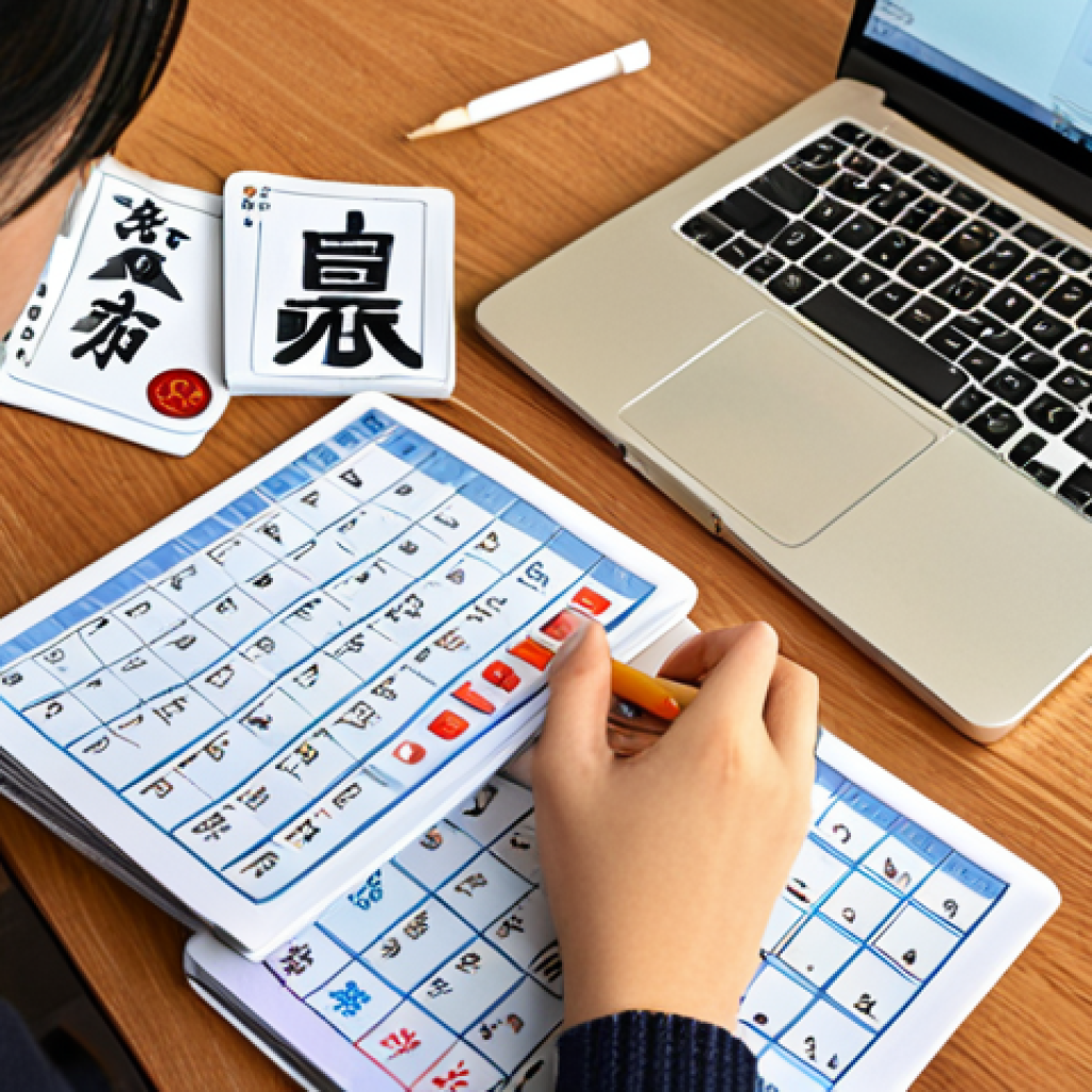 ** A student studying diligently at a desk covered with HSK textbooks, flashcards (with Chinese characters visible), and a laptop displaying a Chinese language learning app. Emphasize focus and determination. A timer is nearby, highlighting effective time management for fragmented learning.

**