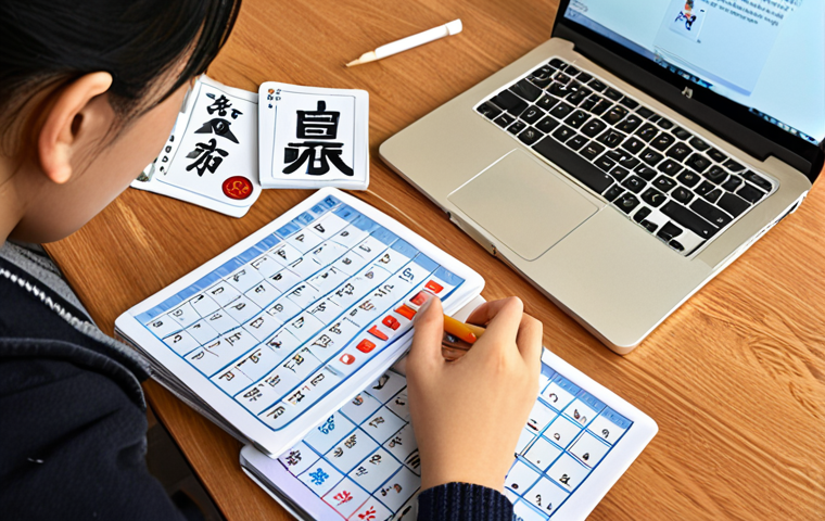 ** A student studying diligently at a desk covered with HSK textbooks, flashcards (with Chinese characters visible), and a laptop displaying a Chinese language learning app. Emphasize focus and determination. A timer is nearby, highlighting effective time management for fragmented learning.

**