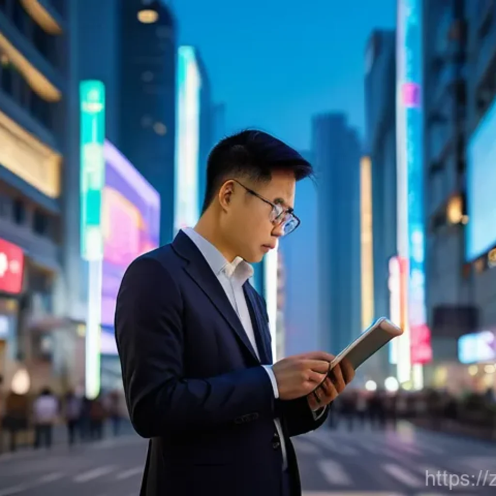 중국어 실무 경험을 블로그에 공유하기 - A diverse professional, dressed in smart business casual attire, stands thoughtfully in a bustling, ...