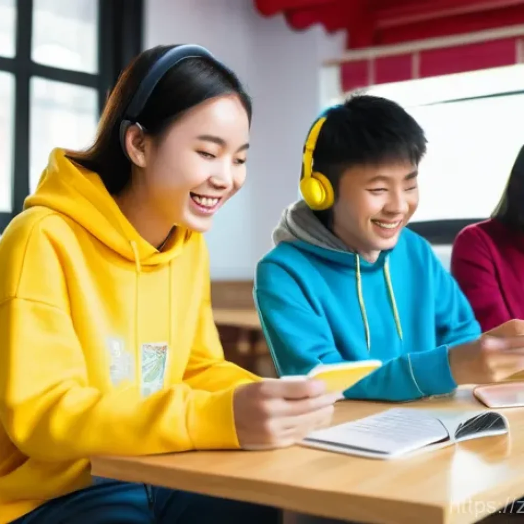 중국어 회화 교재 추천 - **Prompt:** A vibrant, cheerful scene in a modern cafe, where a diverse group of teenagers (around 1...
