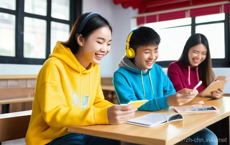 중국어 회화 교재 추천 - **Prompt:** A vibrant, cheerful scene in a modern cafe, where a diverse group of teenagers (around 1...