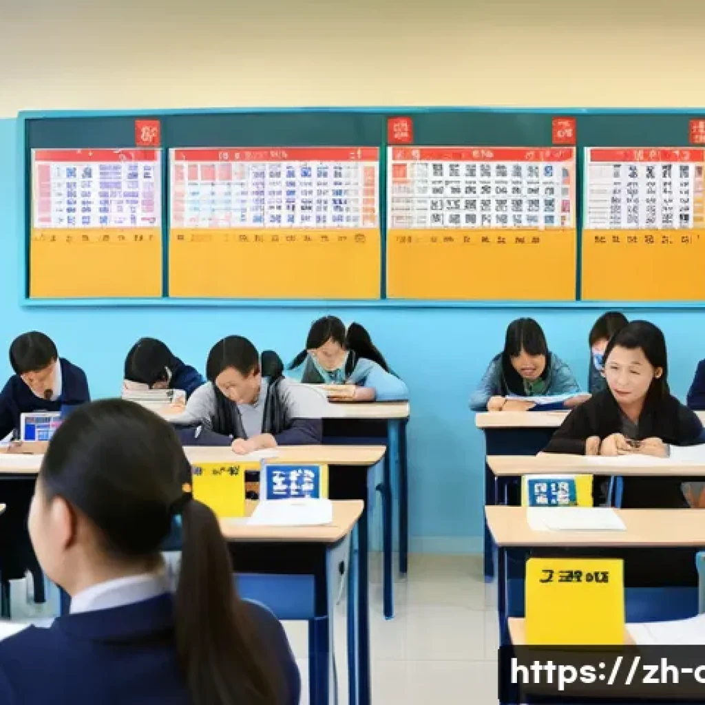 HSK 응시료 절약 팁 - A modern classroom scene in China with diverse adult students preparing for the HSK exam, showing a ...