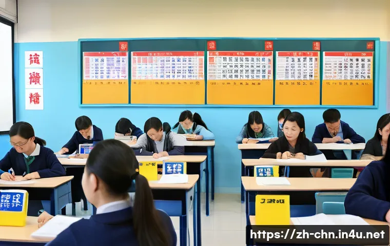 HSK 응시료 절약 팁 - A modern classroom scene in China with diverse adult students preparing for the HSK exam, showing a ...