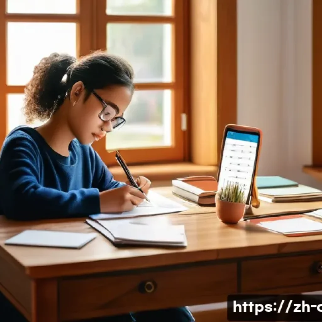 HSK 준비를 위한 단어 암기 꿀팁 - A cozy modern study room scene with a young adult sitting at a wooden desk, surrounded by neatly org...