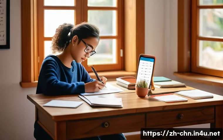 HSK 준비를 위한 단어 암기 꿀팁 - A cozy modern study room scene with a young adult sitting at a wooden desk, surrounded by neatly org...