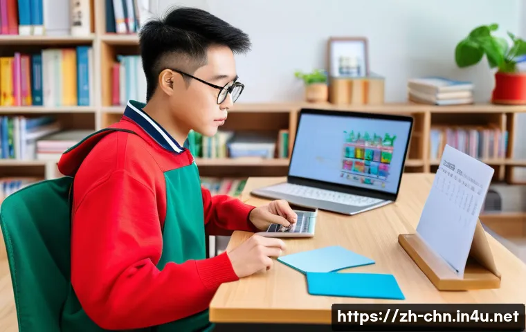 HSK 6급 합격자의 공부 루틴 - A modern study scene showing a young Chinese adult sitting at a neat desk in a bright room, focused ...