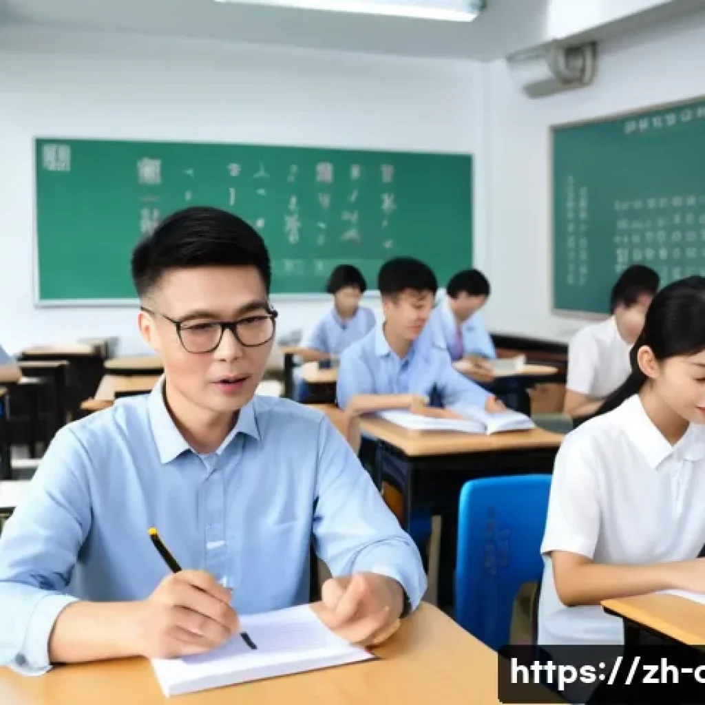 HSK 시험 합격률 분석 - A modern classroom scene in mainland China with diverse adult students attentively taking an HSK int...