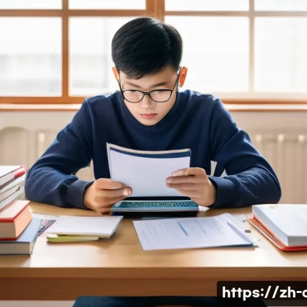 HSK 레벨별 학습 전략 - A focused young Chinese student studying HSK vocabulary at a desk cluttered with textbooks, notebook...