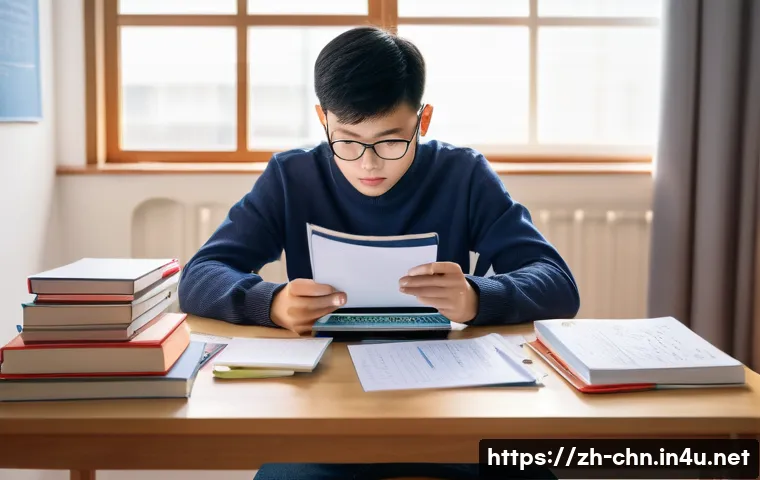 HSK 레벨별 학습 전략 - A focused young Chinese student studying HSK vocabulary at a desk cluttered with textbooks, notebook...