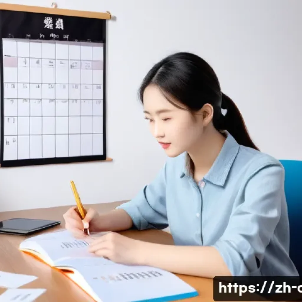 HSK 학습 전략 세우기 - A modern, bright study room scene featuring a young Chinese language learner sitting at a desk with ...