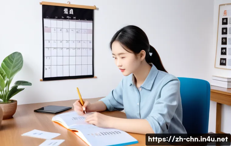 HSK 학습 전략 세우기 - A modern, bright study room scene featuring a young Chinese language learner sitting at a desk with ...