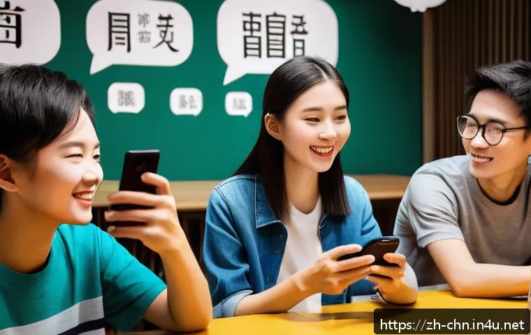 중국어 독학자를 위한 학습 커뮤니티 - A lively Chinese language learning WeChat group scene, showing diverse young adults from different b...