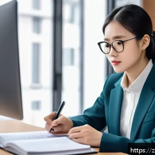 HSK 자격증으로 이직 성공 후기 - A modern office scene showing a confident young professional woman preparing for an HSK5 exam, surro...