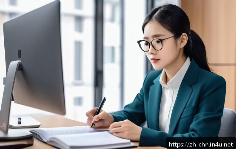 HSK 자격증으로 이직 성공 후기 - A modern office scene showing a confident young professional woman preparing for an HSK5 exam, surro...