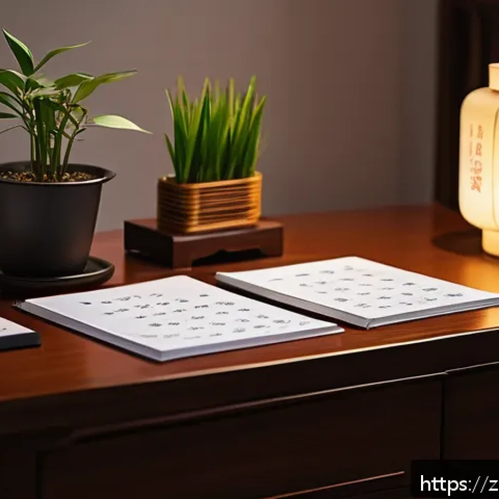 HSK 독학으로 합격하기 - A modern study desk scene designed for a Chinese language learner preparing for the HSK exam, featur...