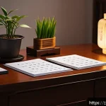 HSK 독학으로 합격하기 - A modern study desk scene designed for a Chinese language learner preparing for the HSK exam, featur...
