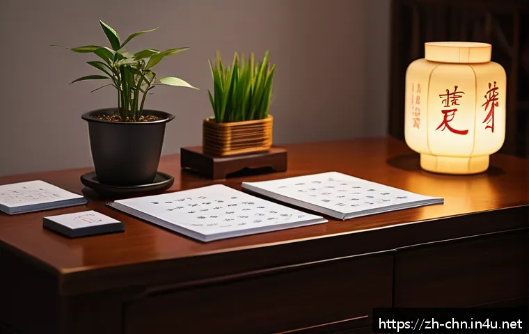 HSK 독학으로 합격하기 - A modern study desk scene designed for a Chinese language learner preparing for the HSK exam, featur...