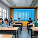 HSK 자격증과 해외 대학 입학 사례 - A modern classroom scene in a Chinese university, featuring diverse international students attentive...