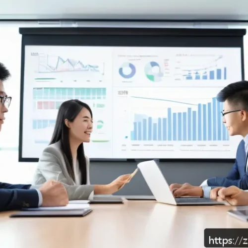 중국어 실무 경험 공유 - A modern office meeting scene featuring a diverse group of young professionals engaged in a role-pla...