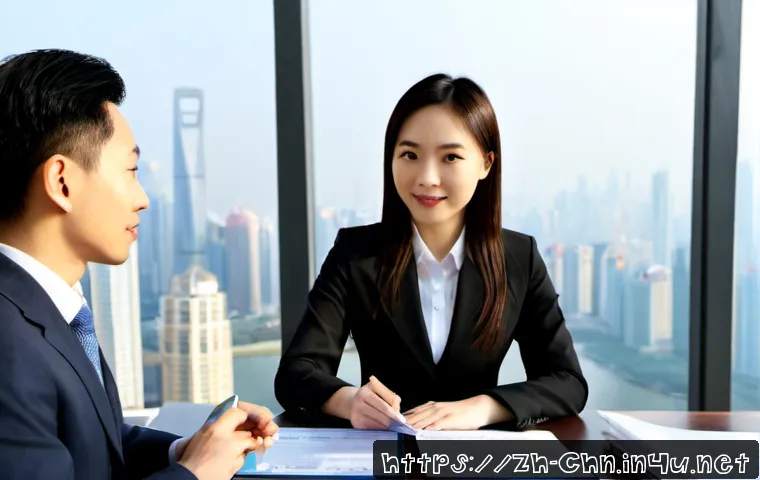 HSK 자격증의 취업 효용성 - Photorealistic modern corporate job interview in a bright Shanghai-style office, confident young Chi...